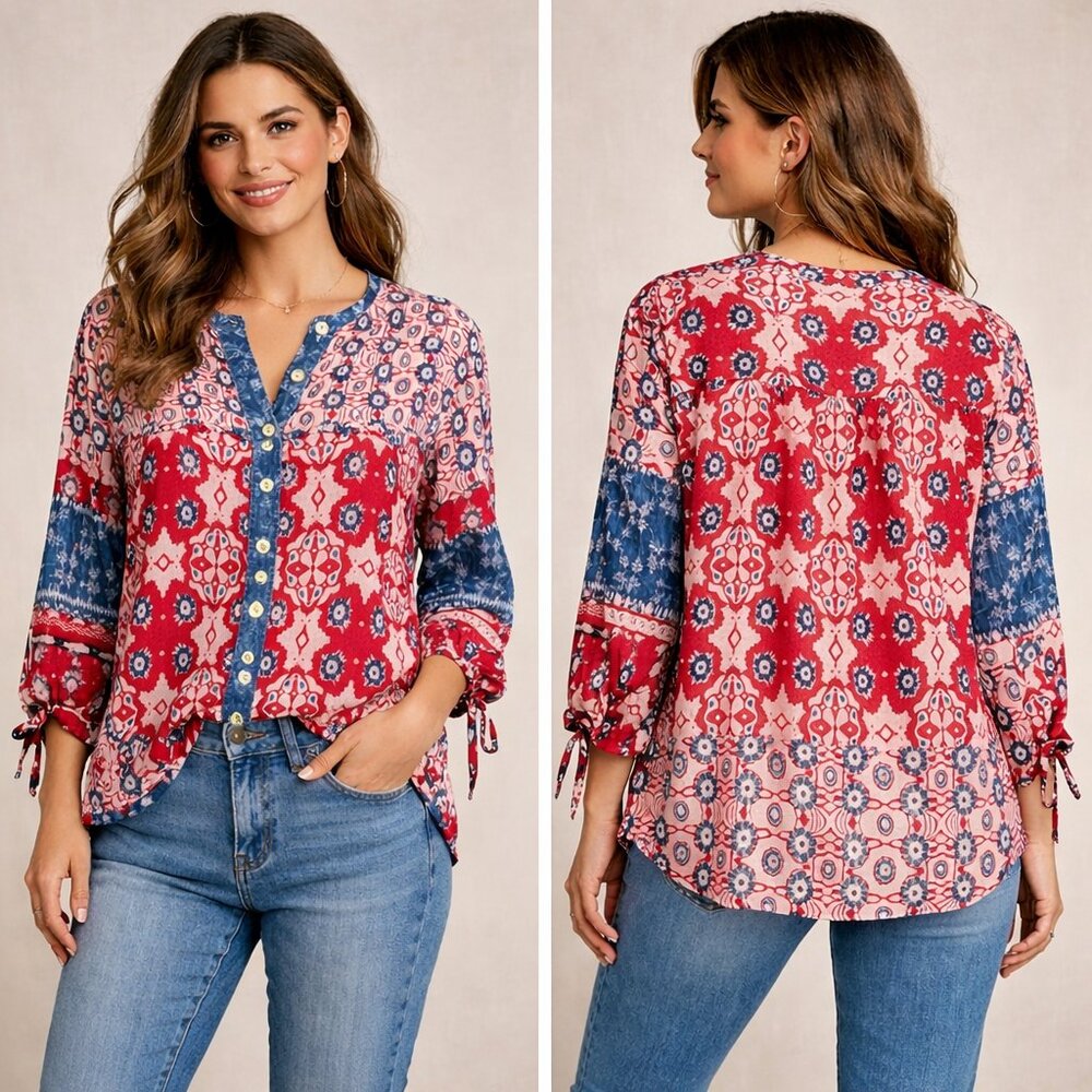 John Mark Boho Patchwork Peasant Blouse Red Blue … - image 1